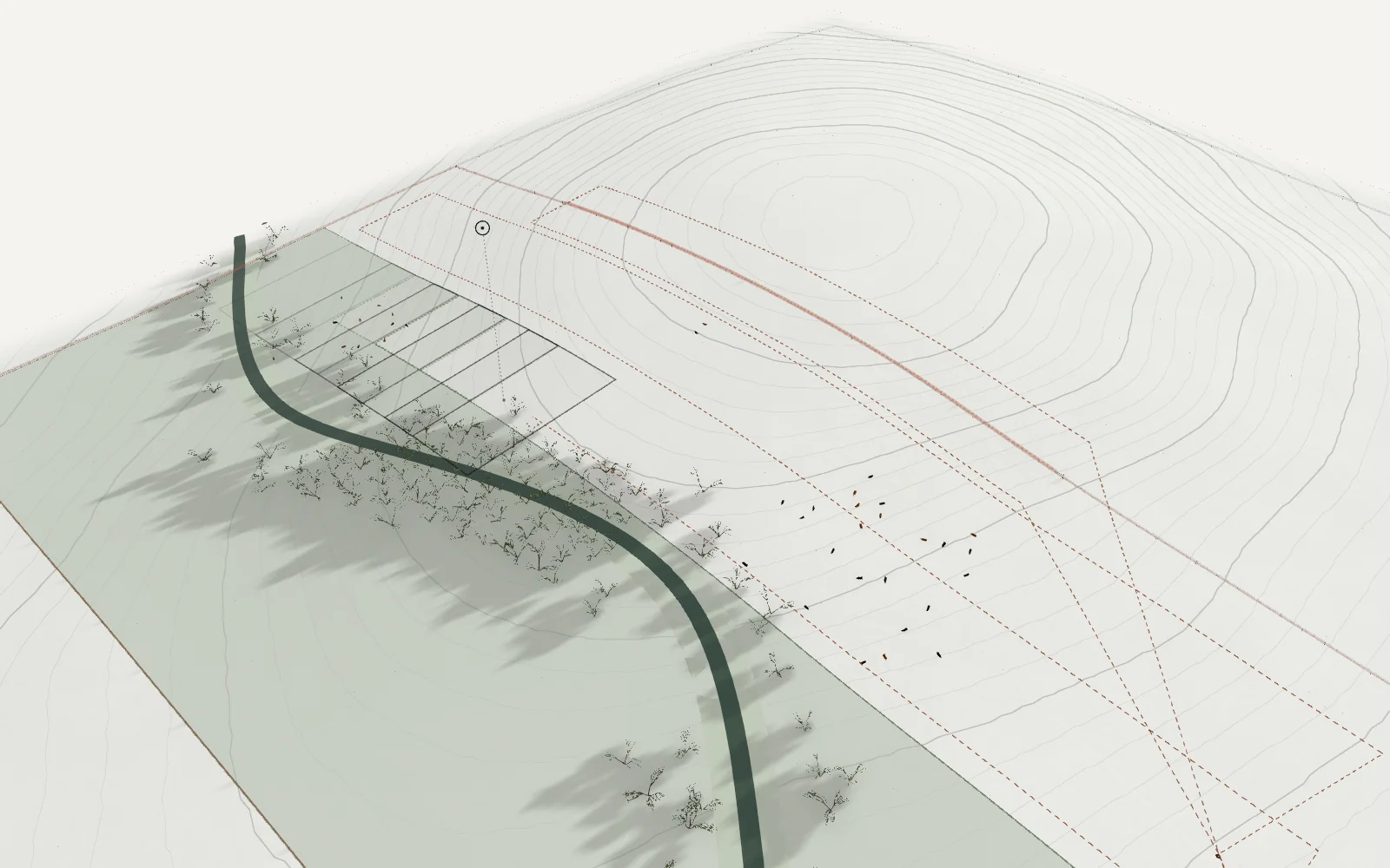 A 3D view of the sample ranch during a visit: ground already captured shows green, the passes still to fly are dashed, and a marker shows the drone over its image footprints.
